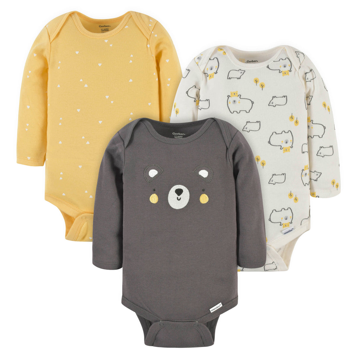 3-Pack Baby Neutral Bear Long Sleeve Onesies Bodysuits