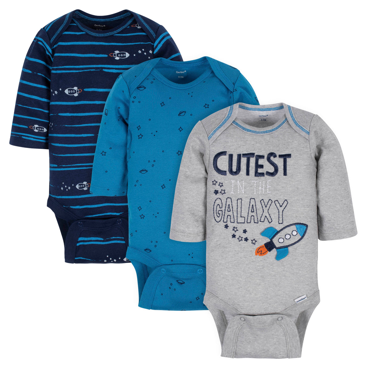 3-Pack Baby Boys Galaxy Long Sleeve Onesies Bodysuits