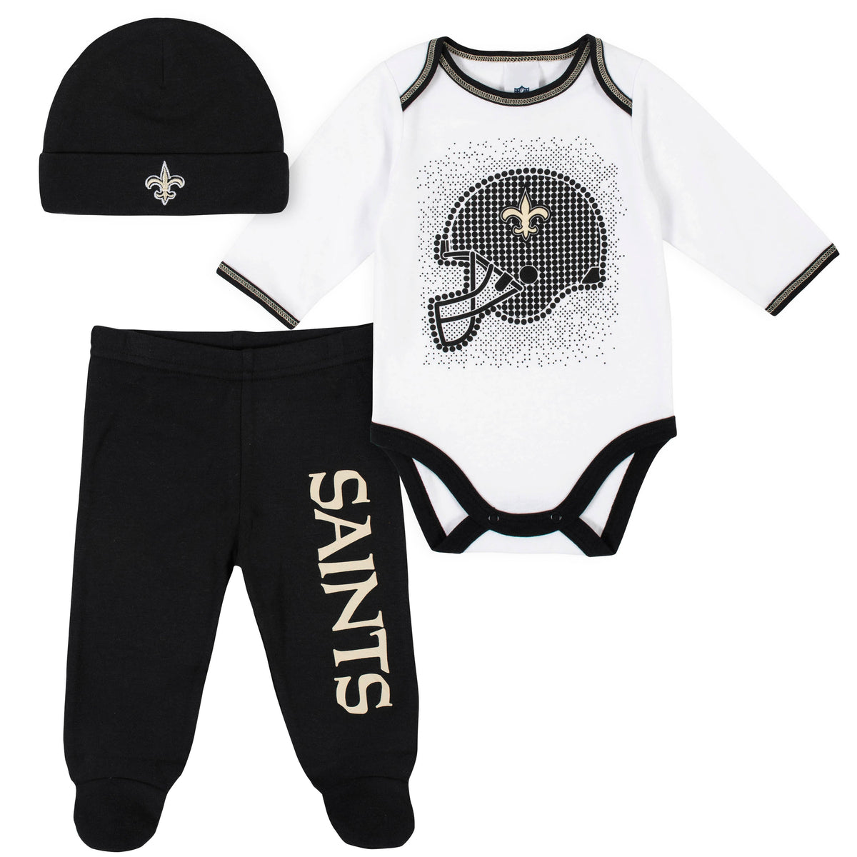 3-Piece New Orleans Saints Bodysuit, Pant, and Cap Set