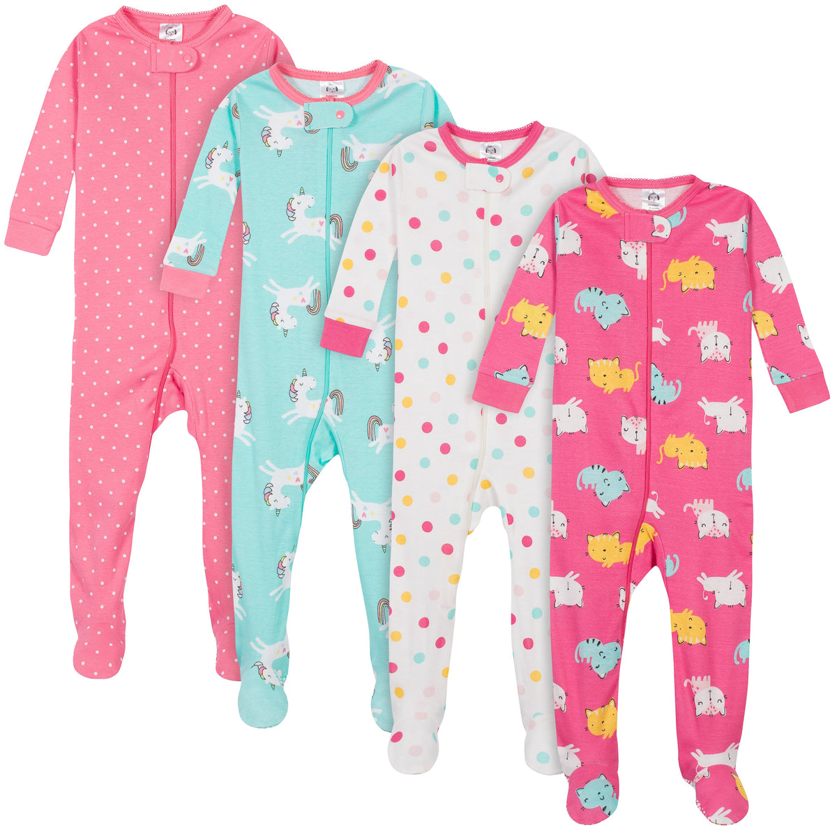 4-Pack Girls Unicorns & Cats Snug Fit Footed Cotton Pajamas