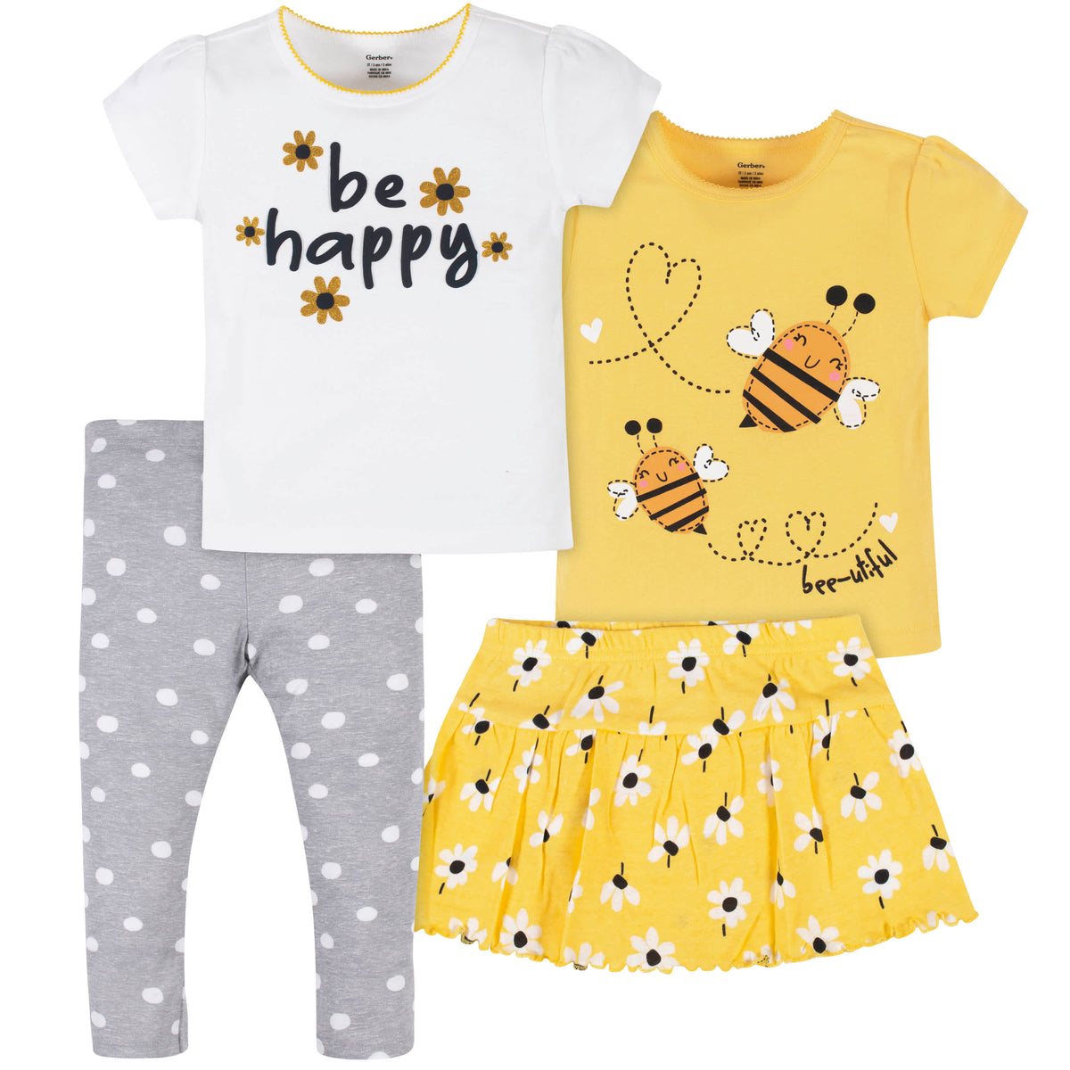 4-Piece Infant & Toddler Girls Bee Garden Tees, Skort & Pants Set