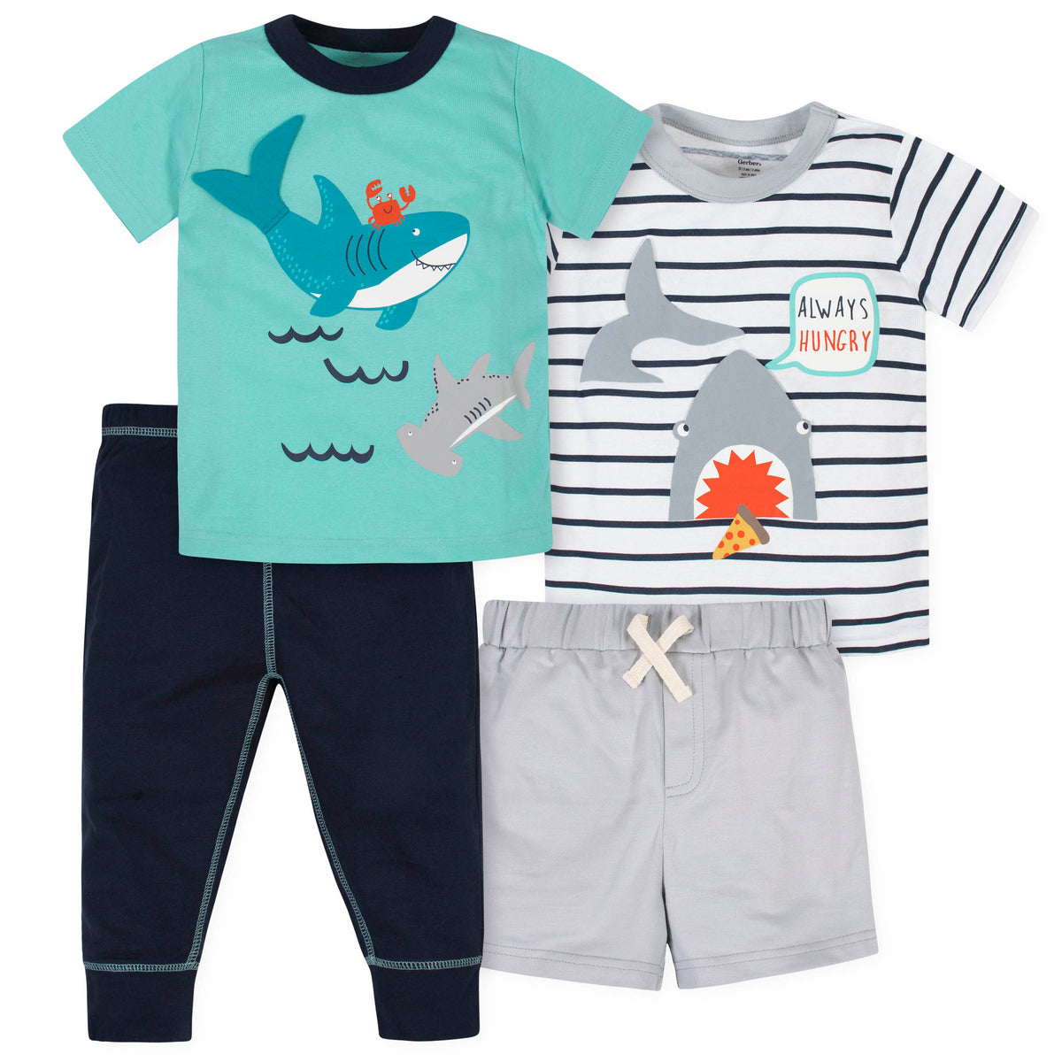 4-Piece Boys Shark Short, Shirts and Active Pant Set