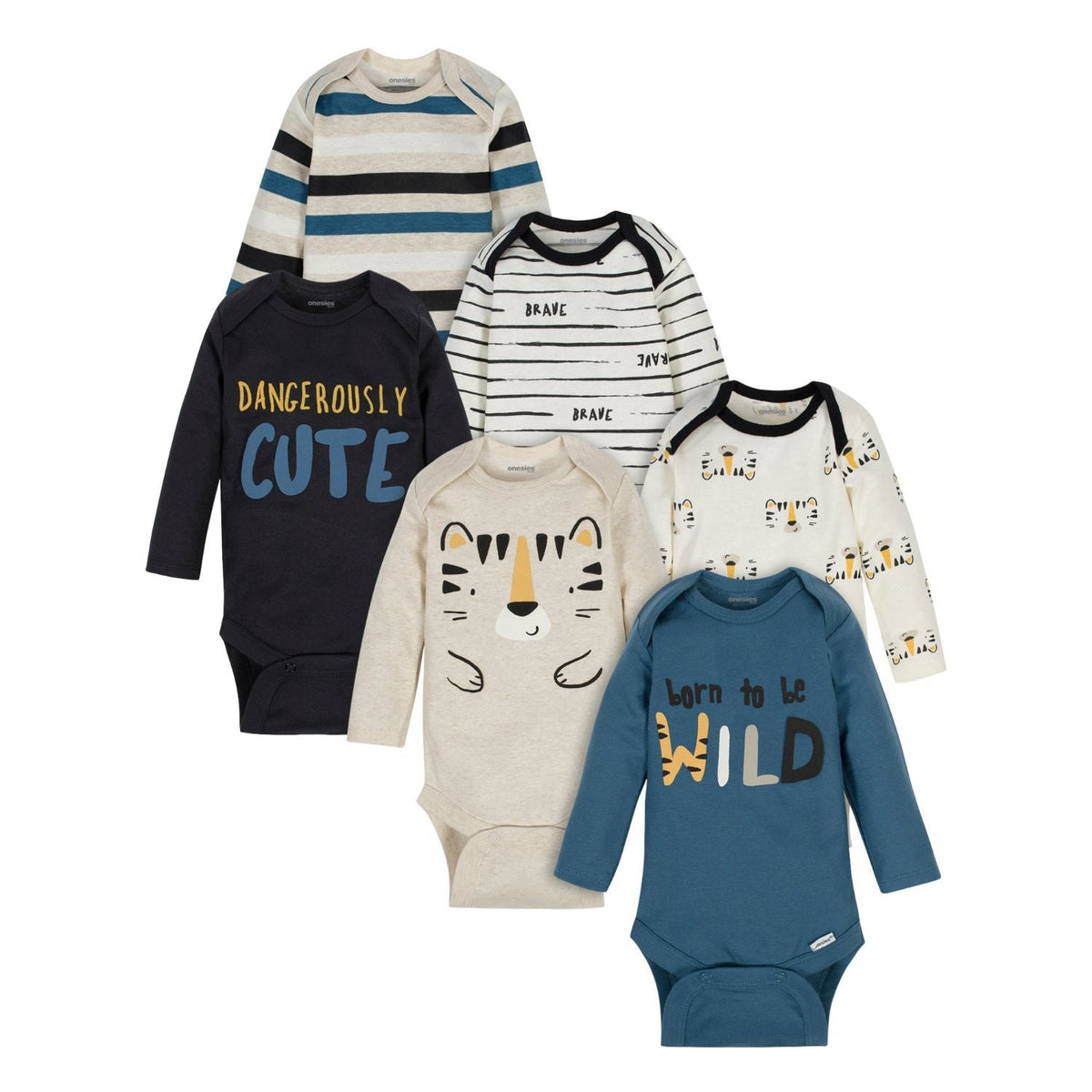 6-Pack Baby Boys Tiger Long Sleeve Onesies