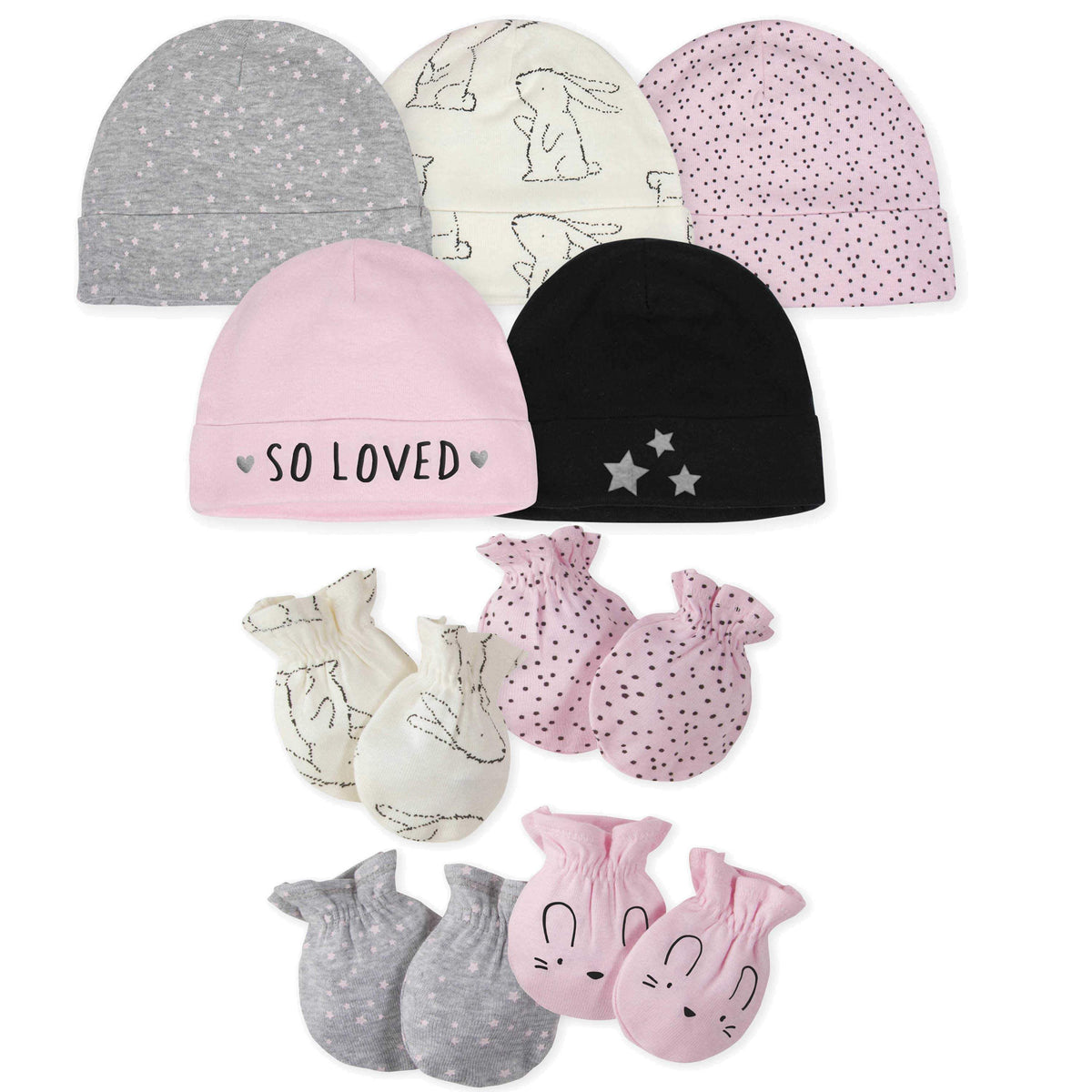 9-Piece Baby Girls Bunny Caps and Mittens Set