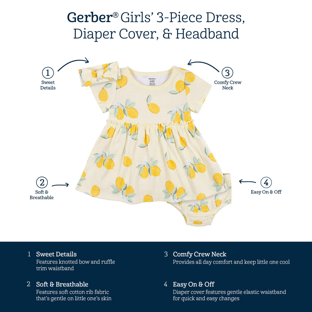 3-Piece Baby & Toddler Girls Little Lemon Dress, Diaper Cover & Headband Set, view 6