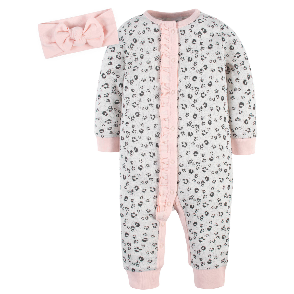 4-Piece Baby Girls Leopard/Floral Coveralls & Headbands Set, view 2