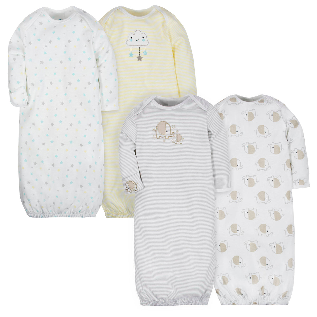 4-Pack Baby Neutral Clouds & Elephant Gowns