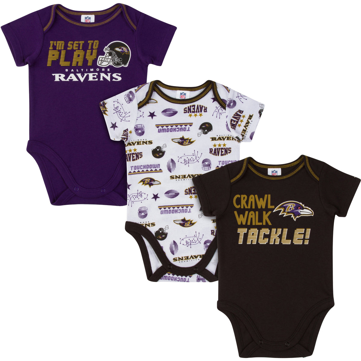 3-Pack Baltimore Ravens Short Sleeve Bodysuits