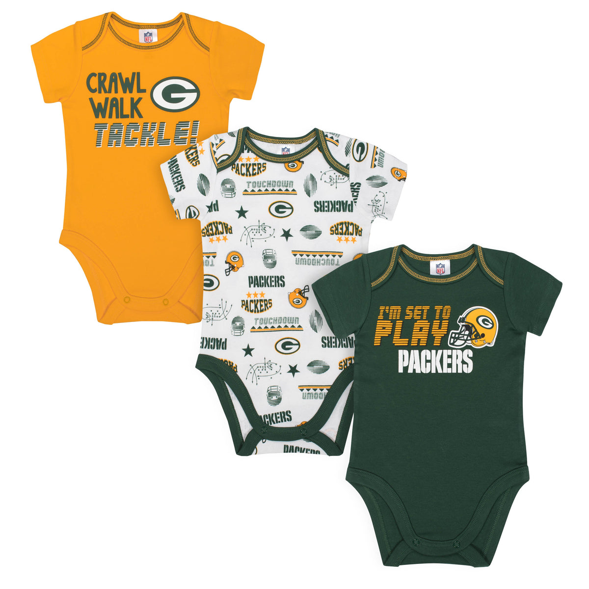3-Pack Green Bay Packers Short Sleeve Bodysuits