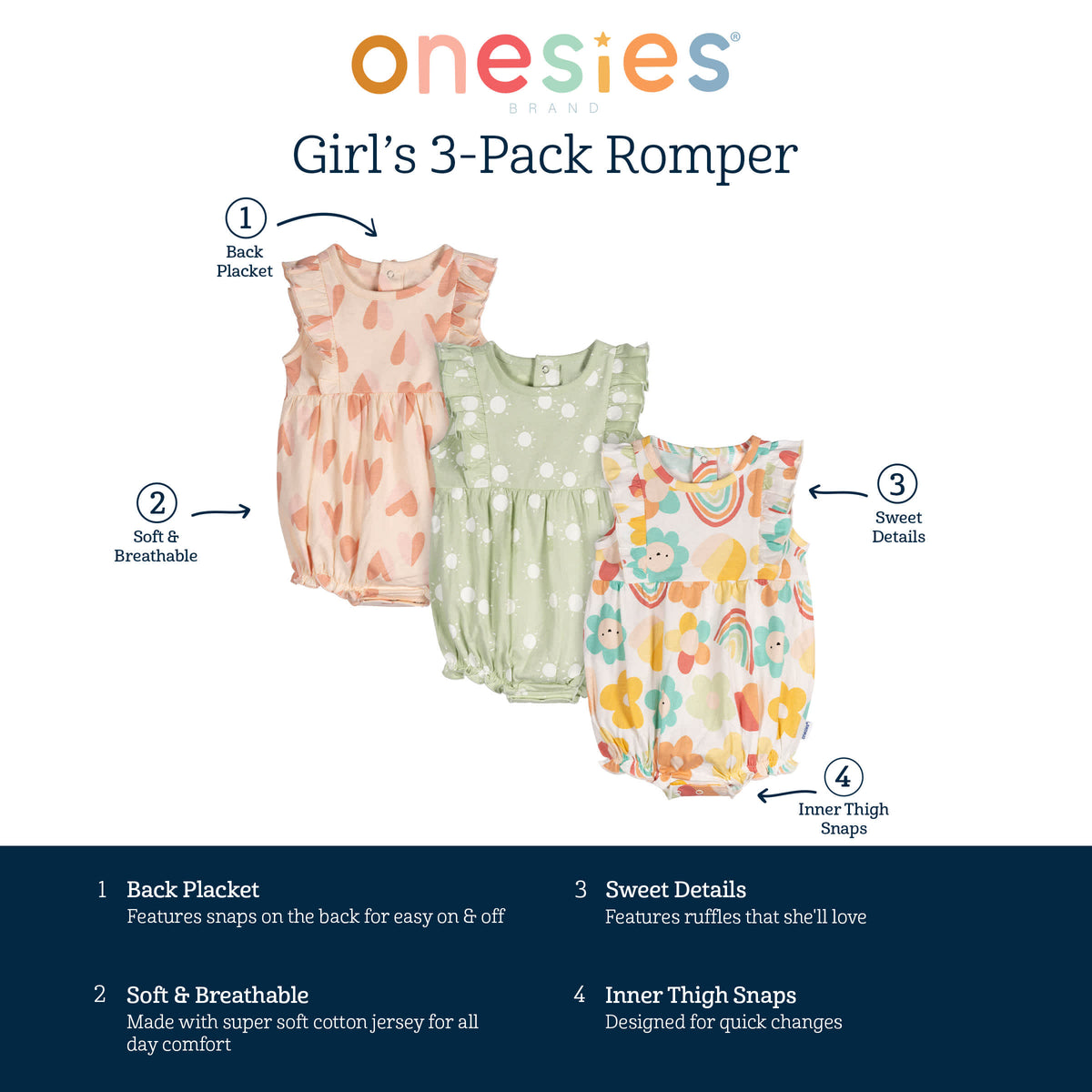 3-Pack Baby Girls Garden Rompers, view 8