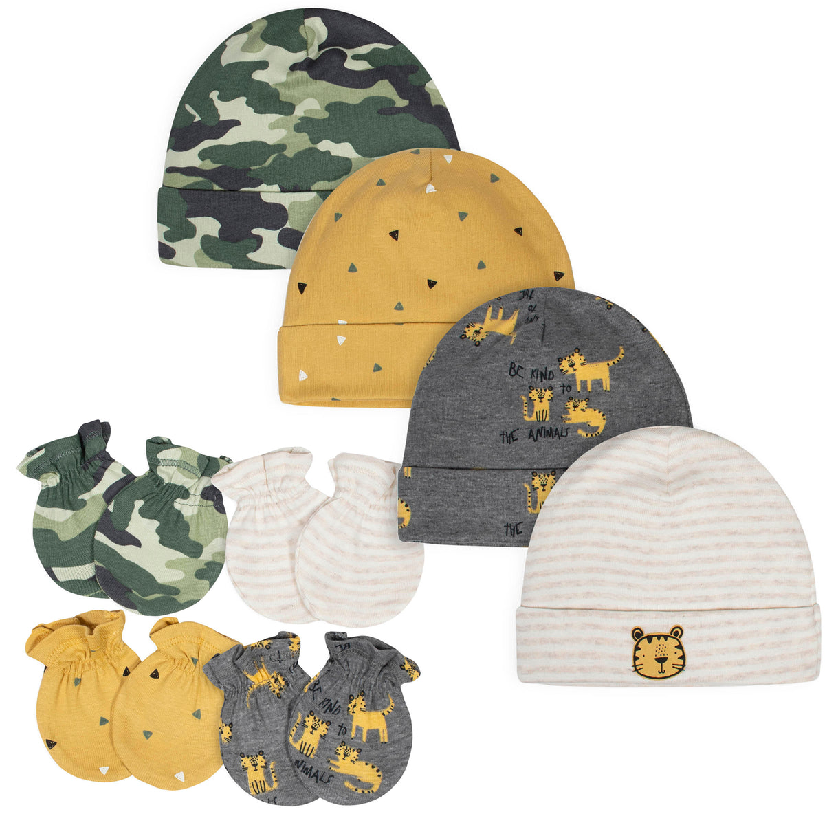 8-Piece Baby Boys Tiger Caps and Mittens Bundle