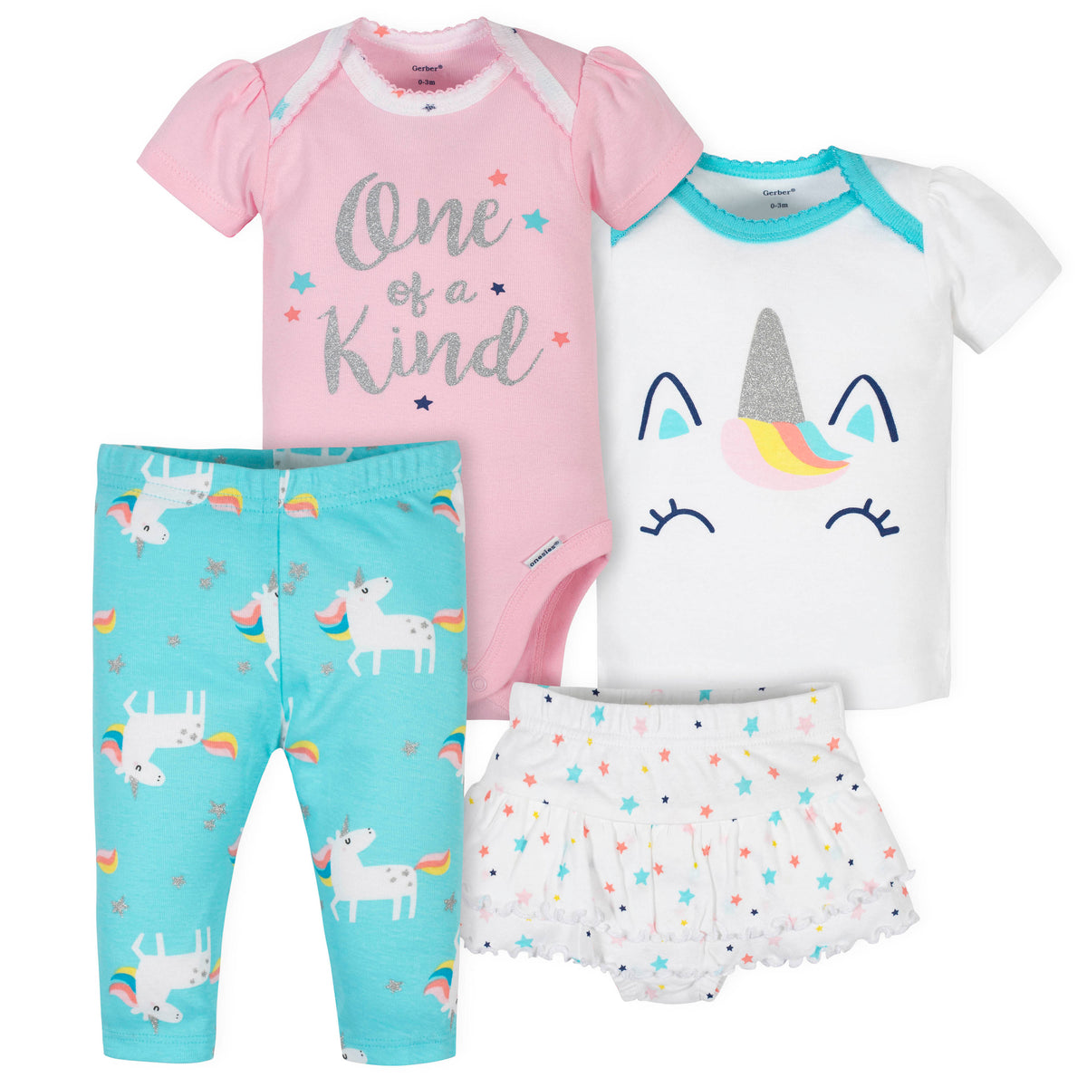 4-Piece Baby Girls Unicorn Onesies Bodysuit, Skirted Panty, Shirt and Slim Pant Set