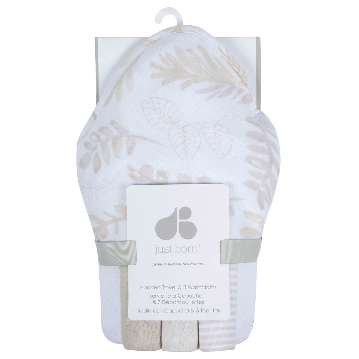 4-Piece Baby Neutral Natural Leaves Hooded Towel & Washcloths Set, view 2