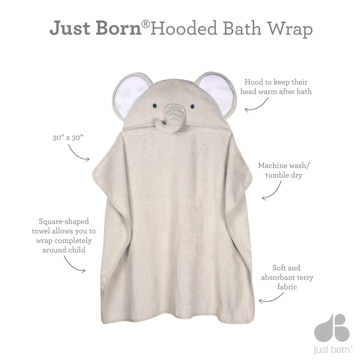 Baby Neutral Natural Leaves Elephant Bath Wrap, view 4