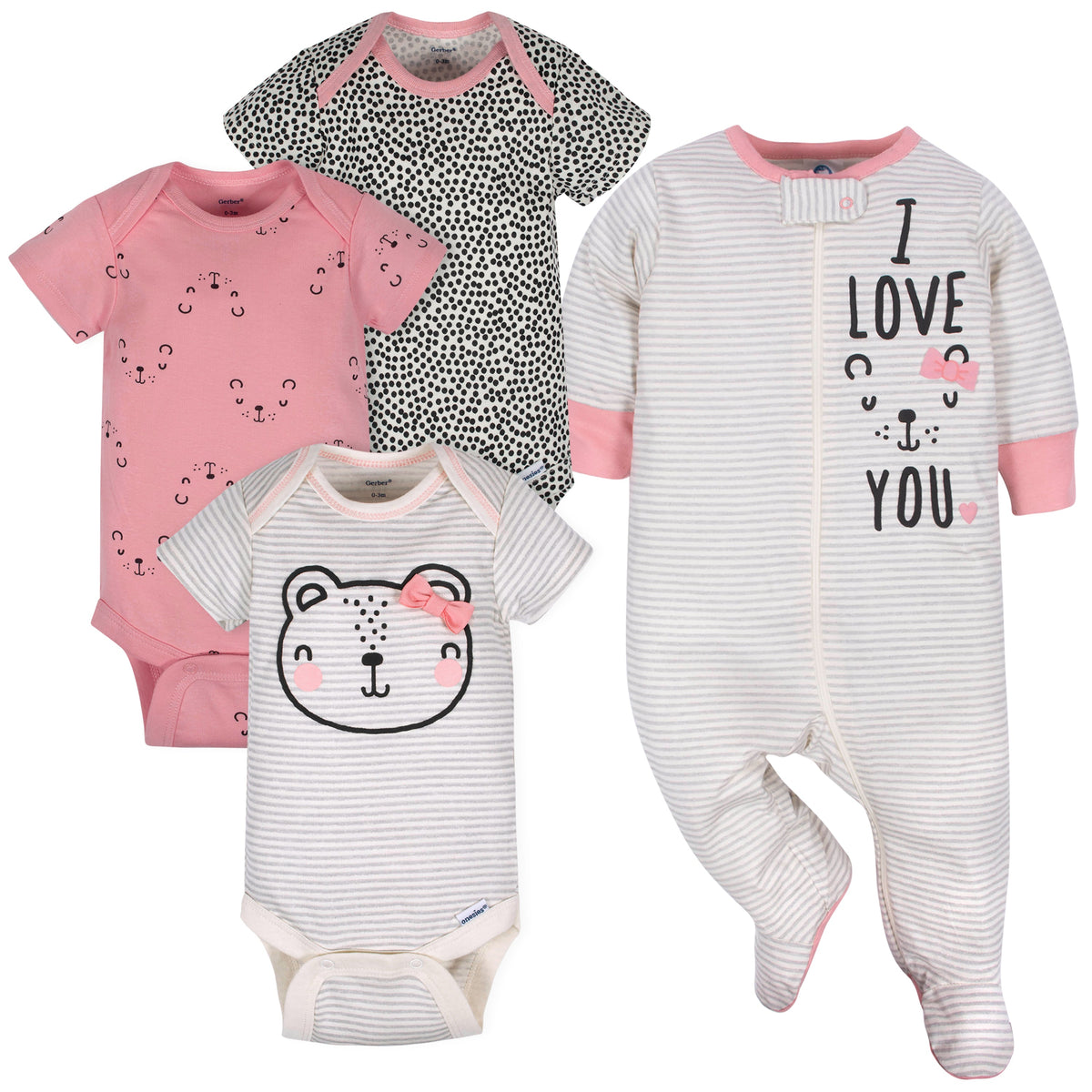 4-Piece Baby Girls Love Onesies Brand Bodysuits & Sleep 'N Play Set