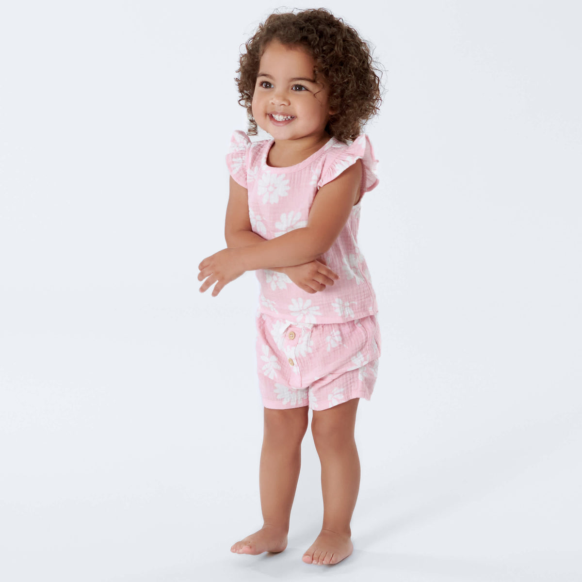 Infant & Toddler Girls Pink Floral Gauze Flutter Sleeve Top, view 4