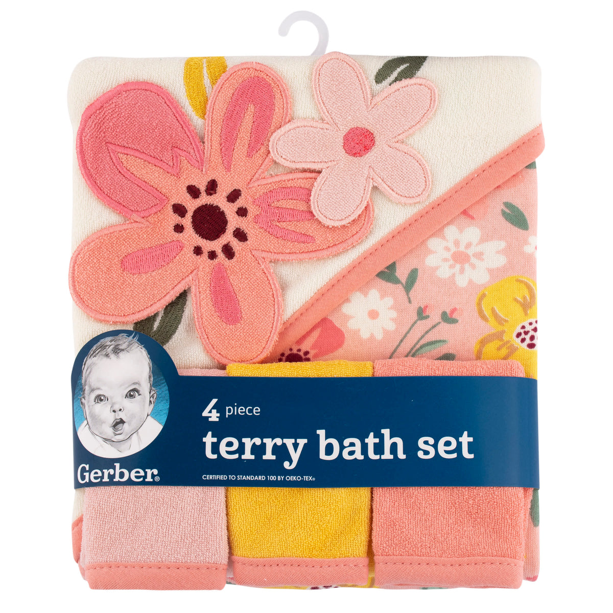 4-Pack Baby Girls Kitty Floral Hooded Towel and Washcloths, view 2