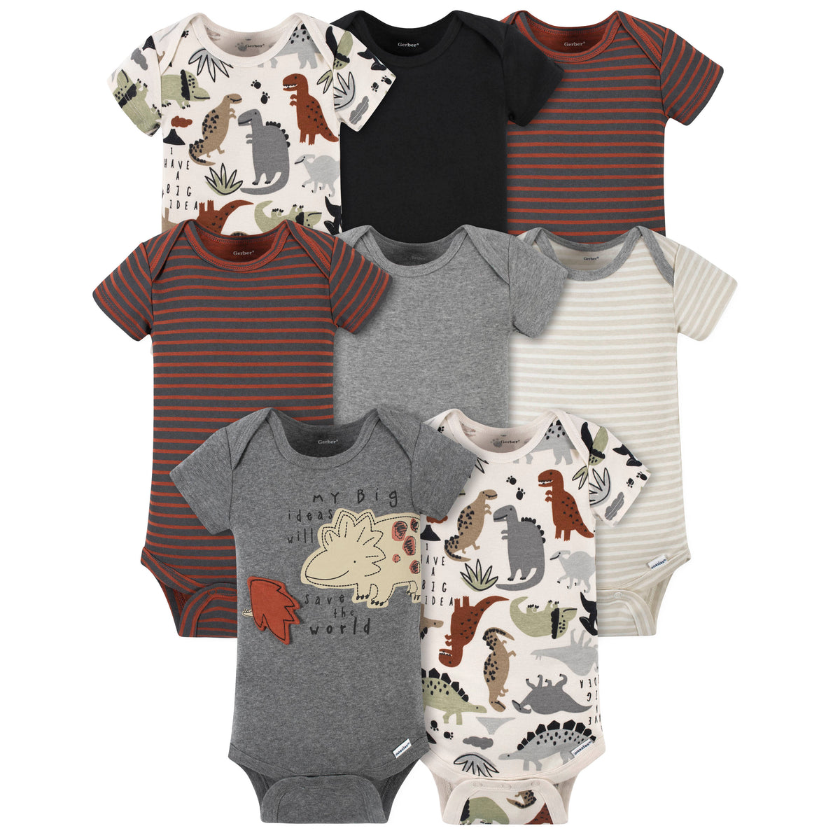 8-Pack Baby Boys Dino Short Sleeve Onesies Brand Bodysuits