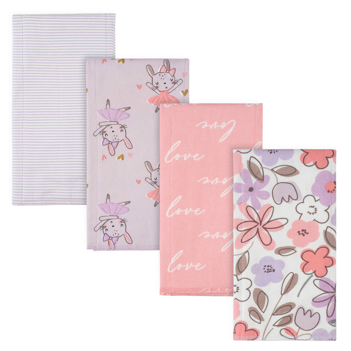 4-Pack Baby Girls Bunny Ballerina Flannel Burp Cloths
