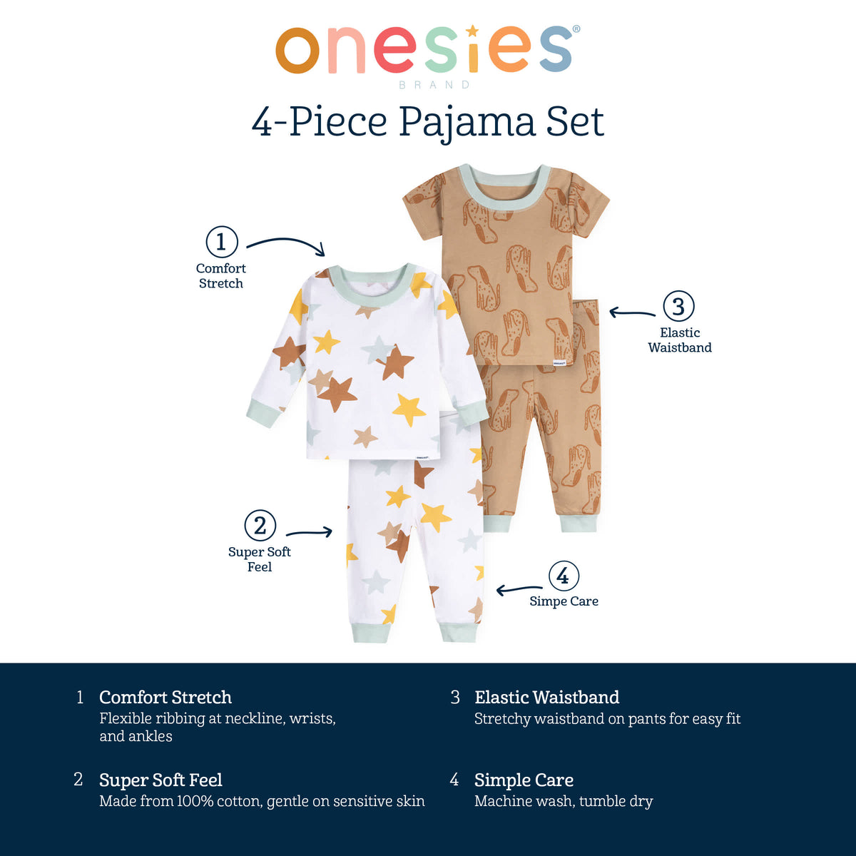 4-Piece Baby Neutral Dogs Pajamas Sets, view 6
