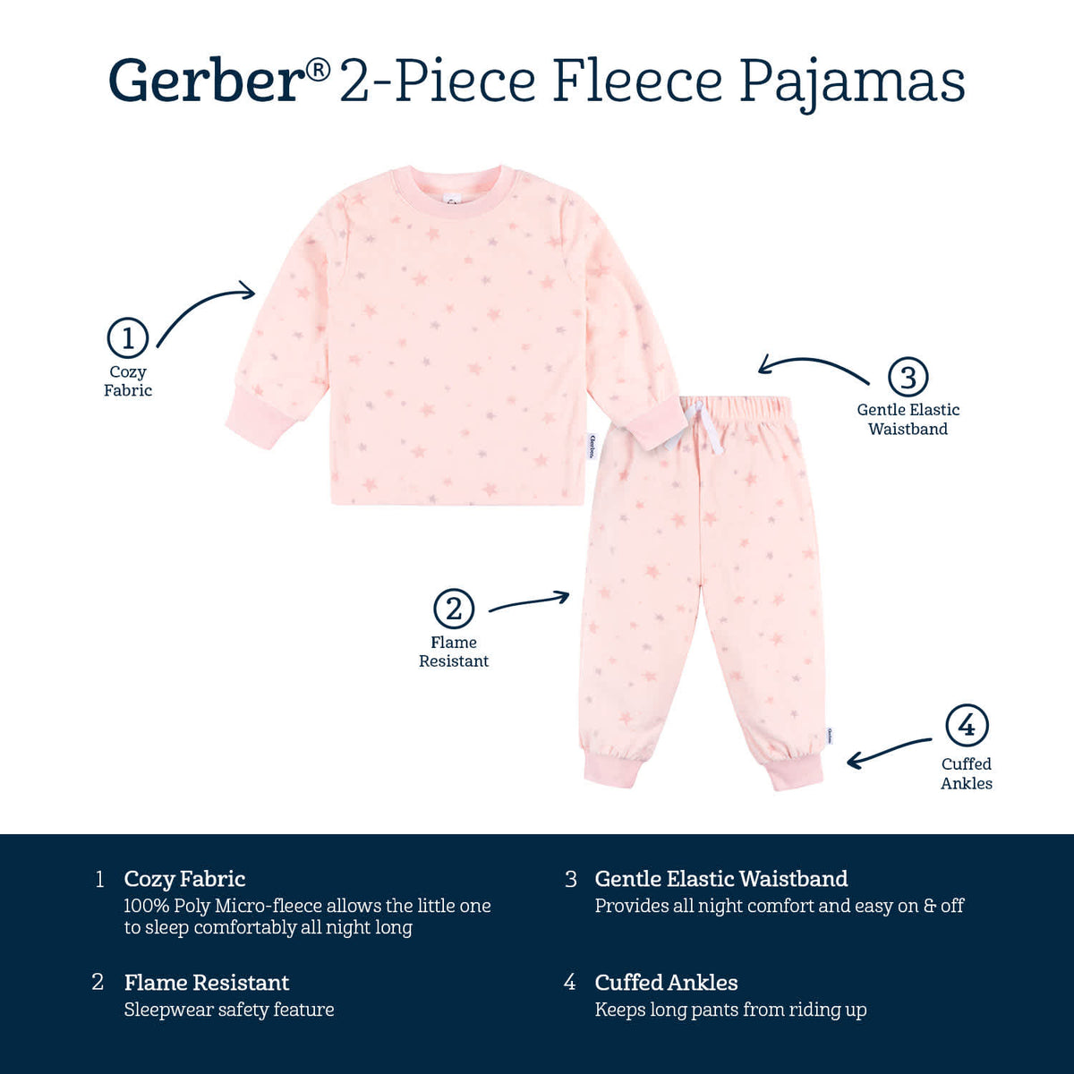 2-Piece Infant & Toddler Girls Pink Stars Fleece Pajamas, view 6