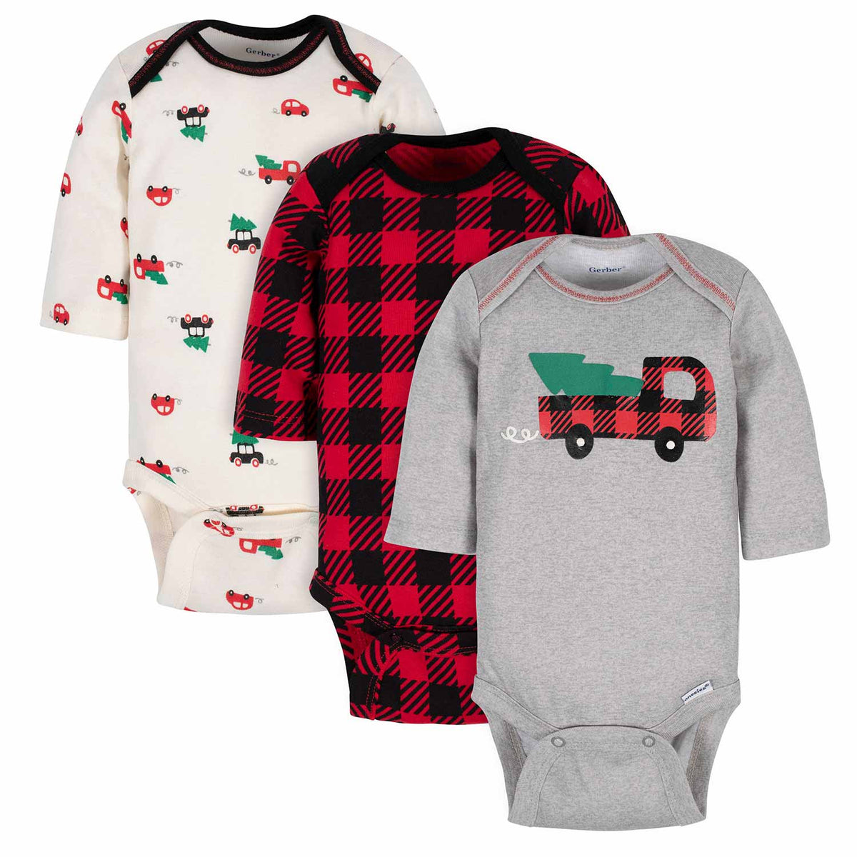 3-Pack Baby Boys Trees, Trucks, and Plaid Long Sleeve Onesies Bodysuits