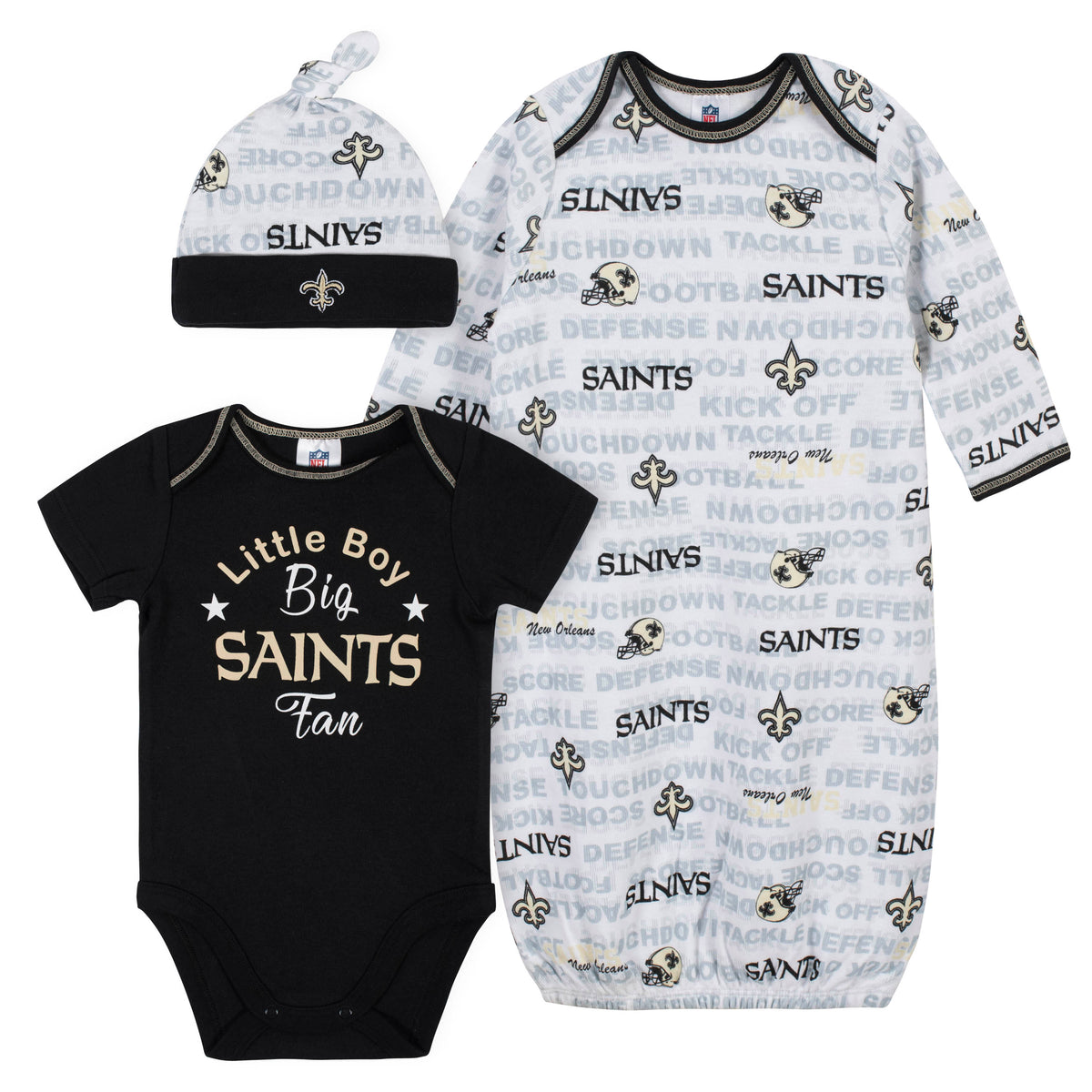 Baby Boys 3-Piece New Orleans Saints Bodysuit, Gown, and Cap Set