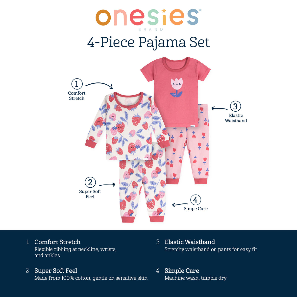4-Piece Baby Girls Berries Pajamas Sets, view 6