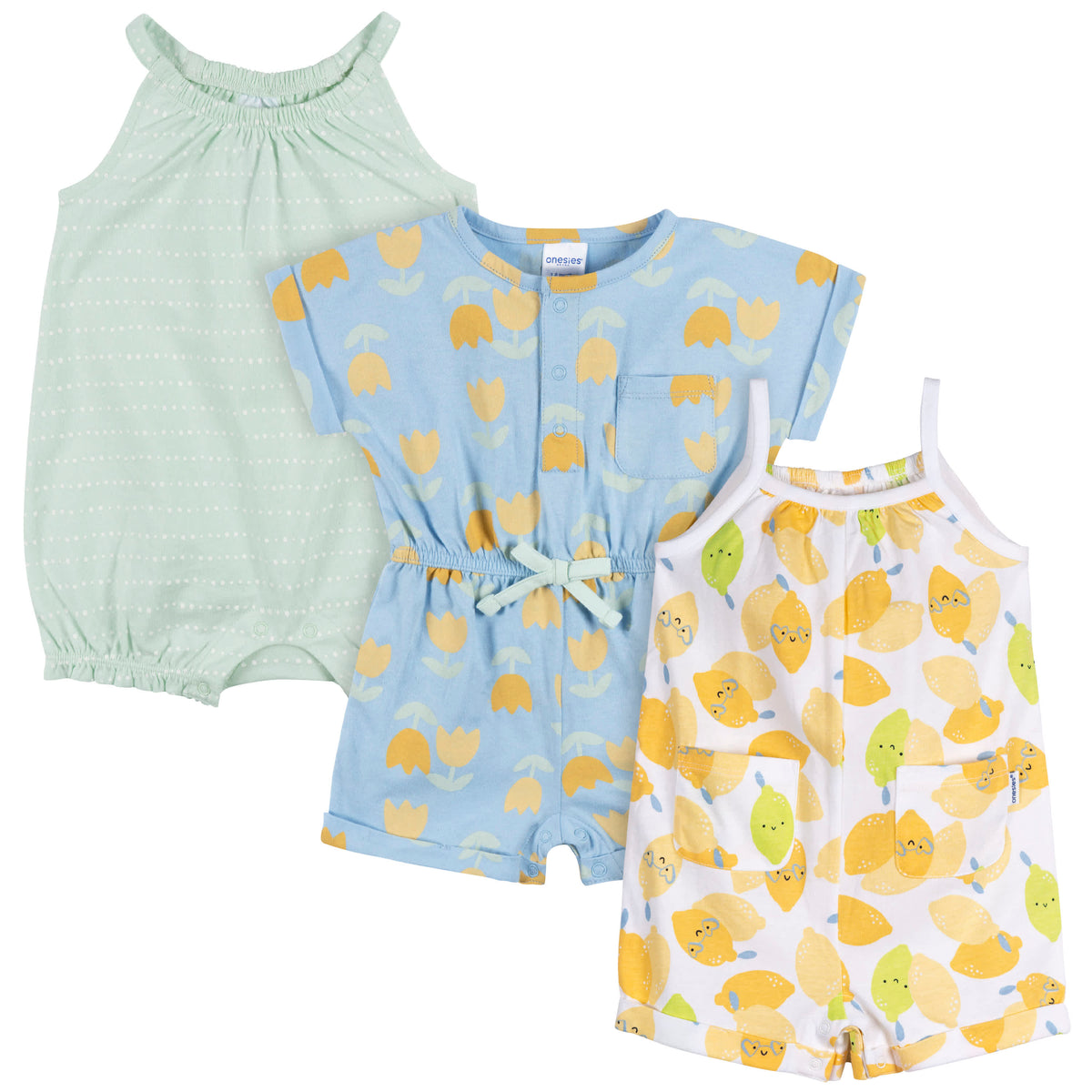 3-Pack Baby Girls Lemons Rompers