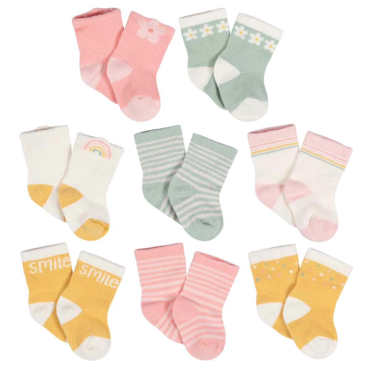 8-Pack Baby Girls Golden Floral Jersey Wiggle Proof Socks