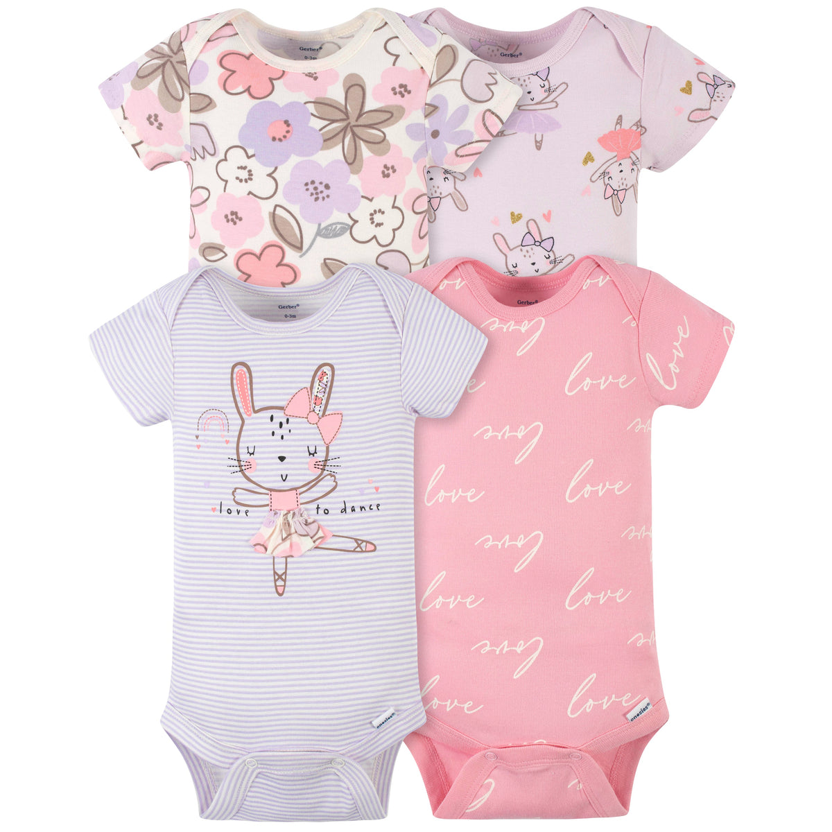 4-Pack Baby Girls Bunny Ballerina Short Sleeve Onesies Brand Bodysuits