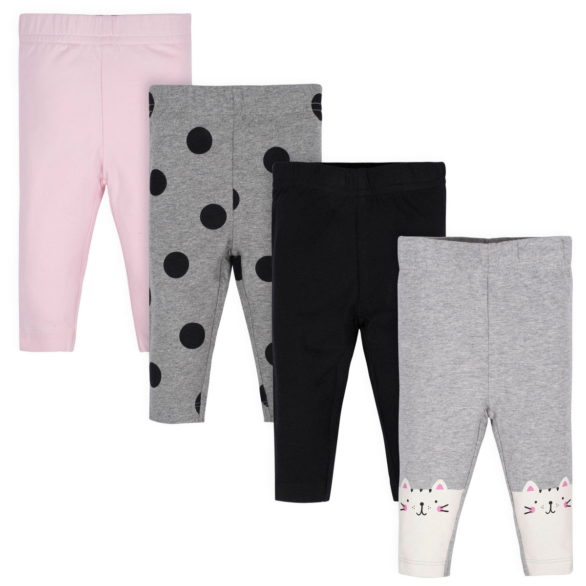 4-Pack Girls Pink, Black, Polka Dot, and Cat Leggings