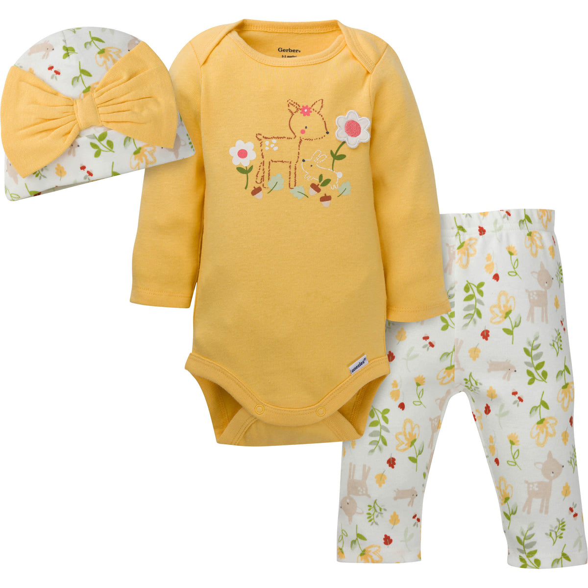 3-Piece Baby Girls Floral Onesies Bodysuit, Pant, & Cap Set