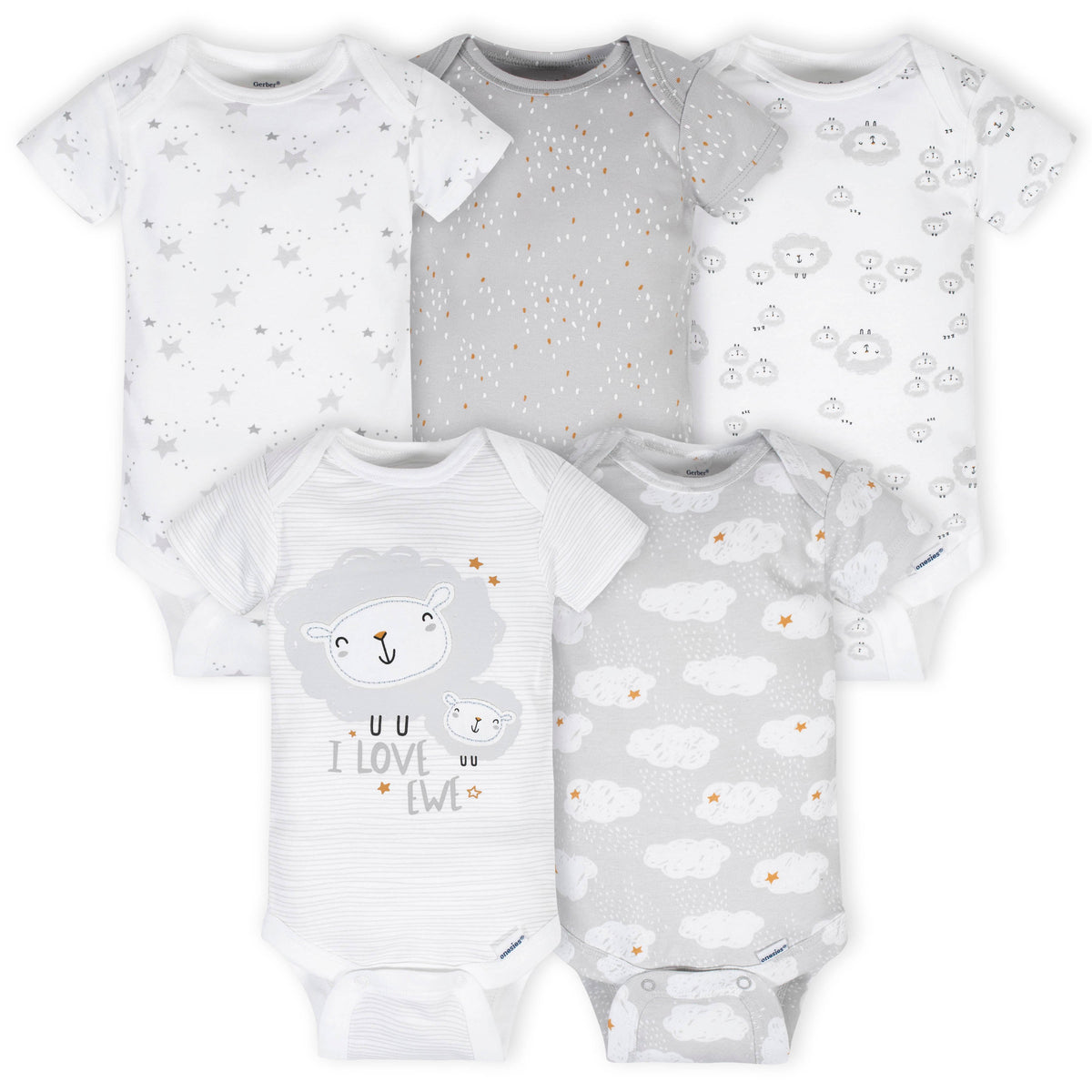 5-Pack Baby Neutral Lamb Short Sleeve Onesies Bodysuits
