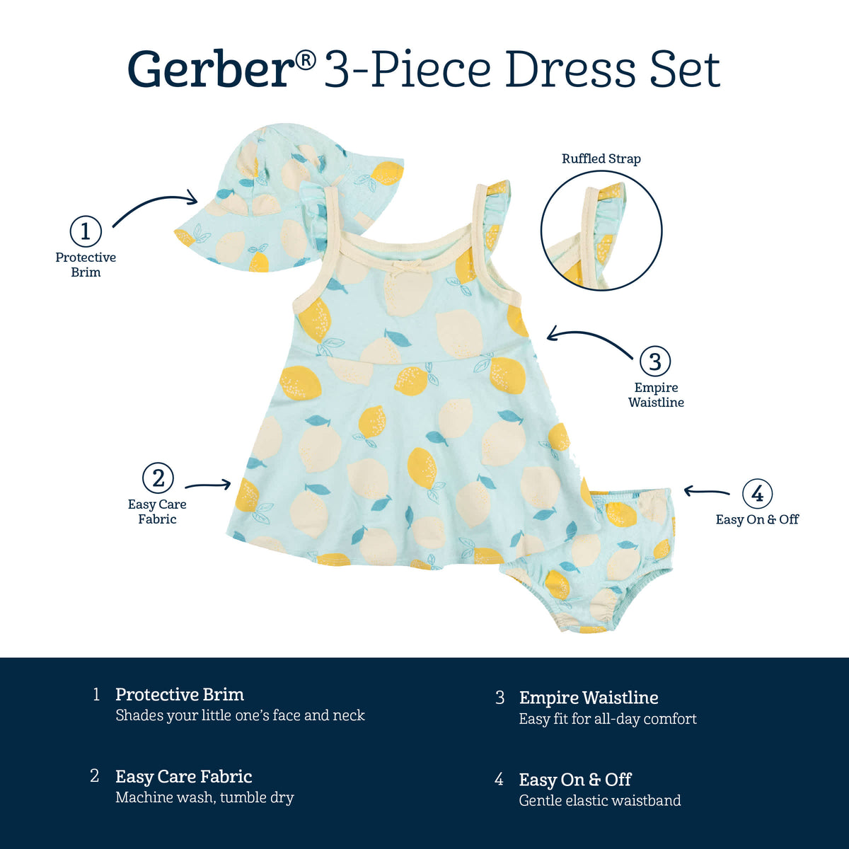3-Piece Baby & Toddler Girls Little Lemon Dress, Diaper Cover & Reversible Sun Hat Set, view 10