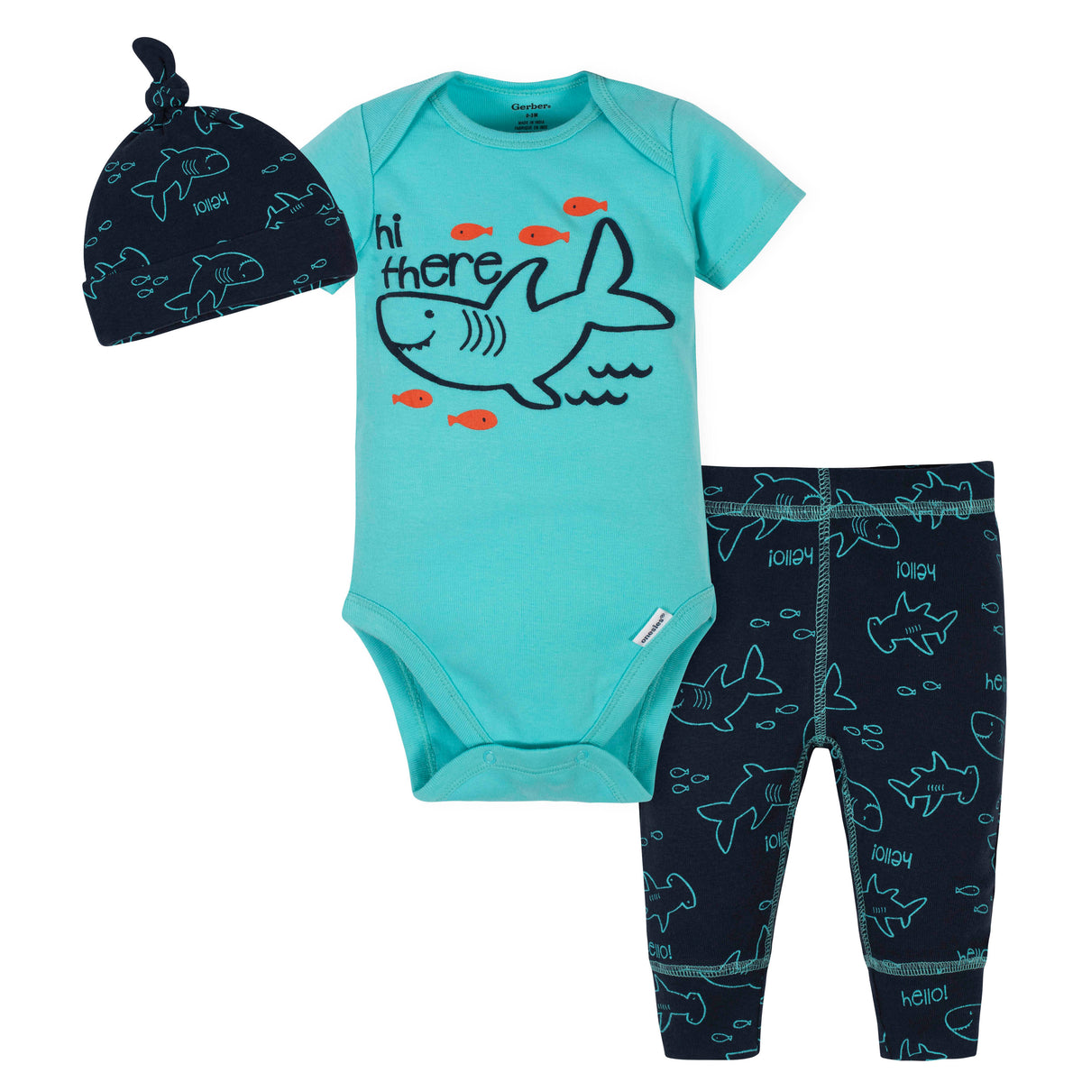 3-Piece Baby Boys Shark Bodysuit, Pant, and Cap Set