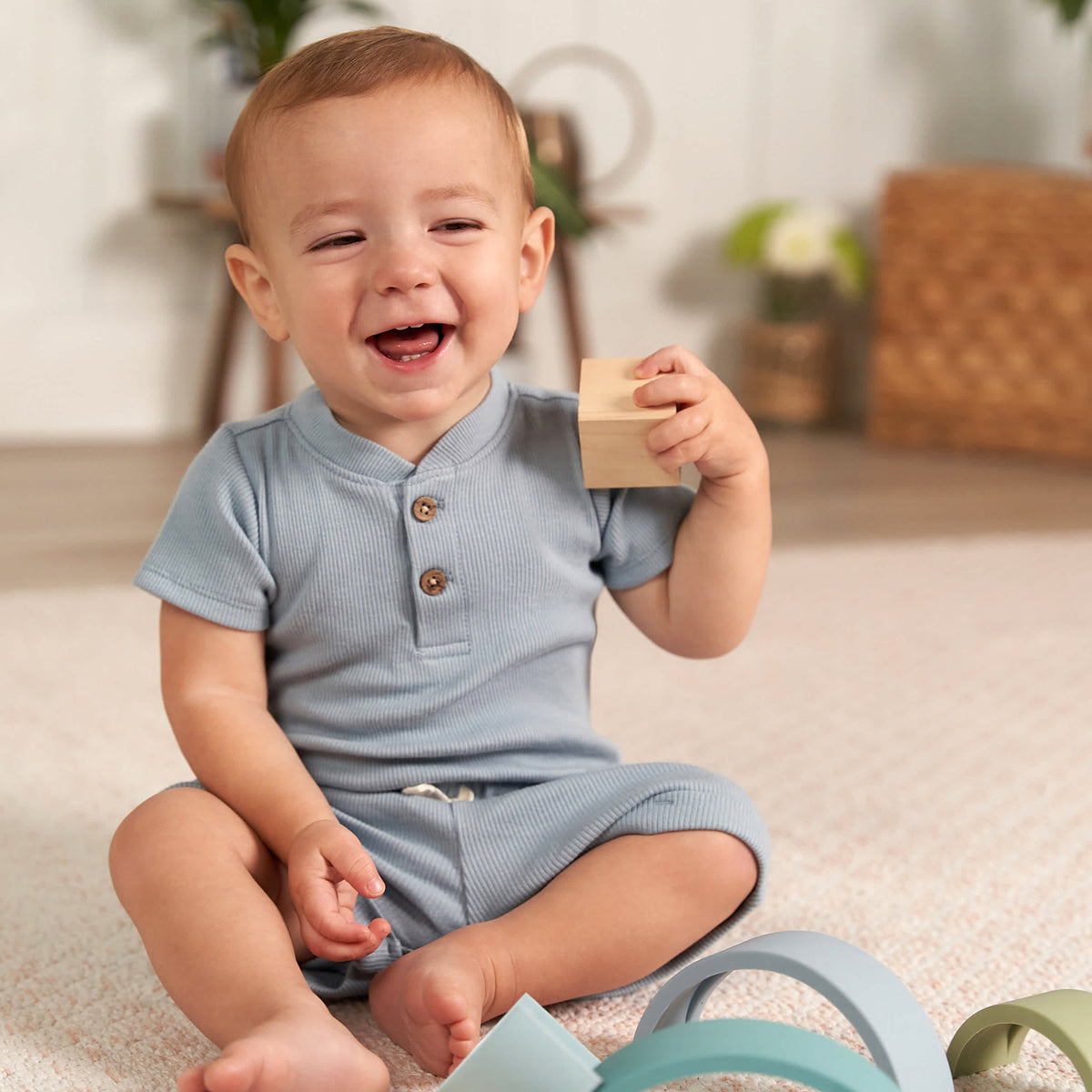 2-Piece Baby Boys Blue Bodysuit and Shorts Set, view 2