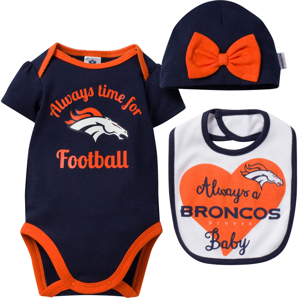 NFL 3-Piece Baby Girls Broncos Short Sleeve Bodysuit, Bib and Cap Set