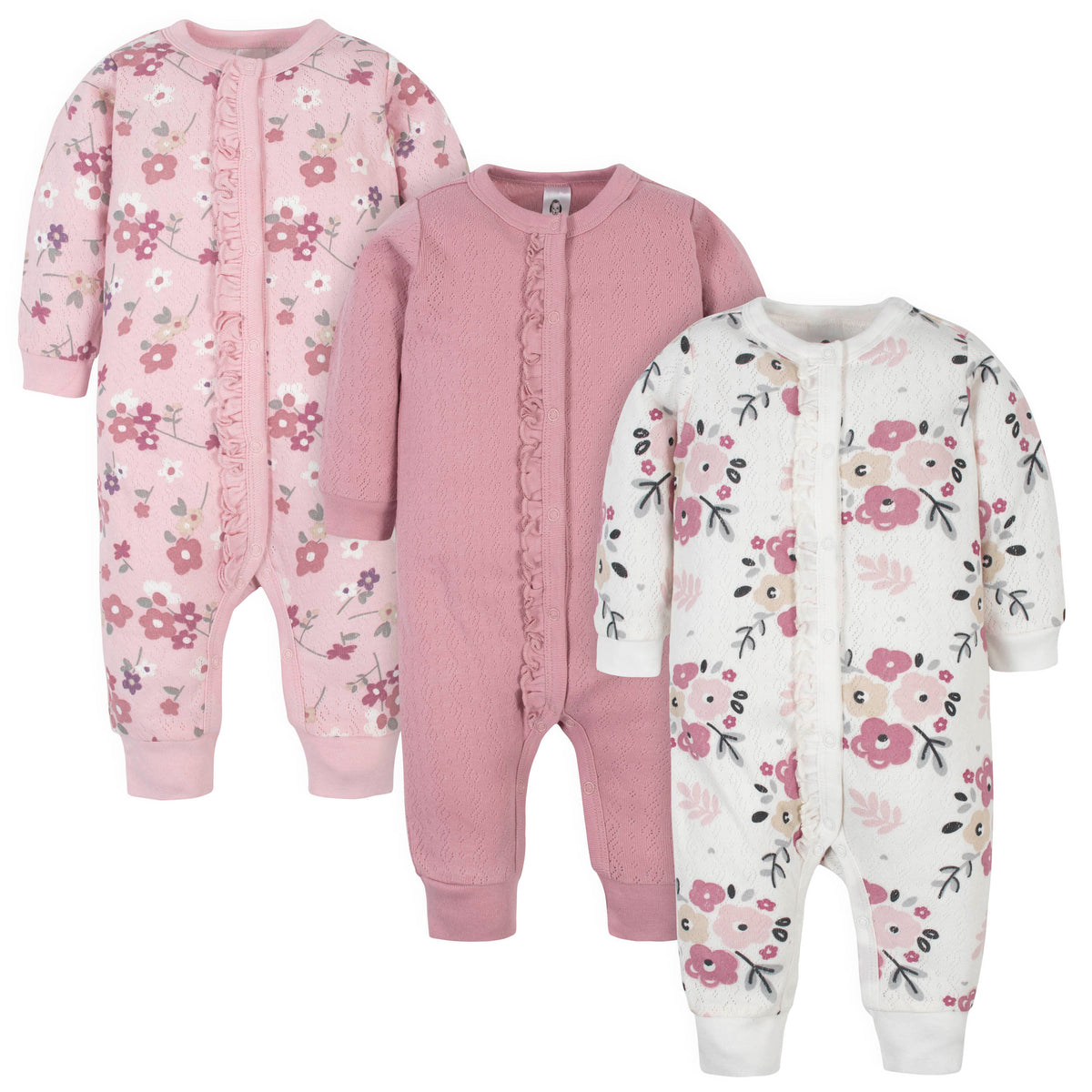 3-Pack Organic Baby Girls Flower Coveralls