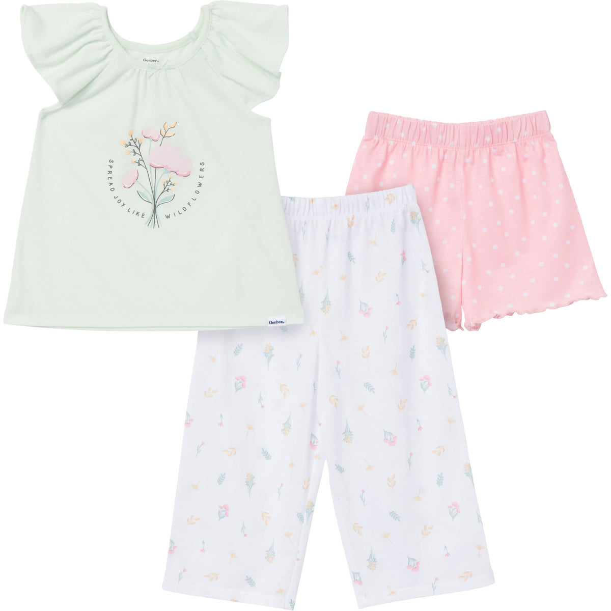 3-Piece Toddler Girls Wildflowers T-Shirt, Shorts & Pants Pajama Set