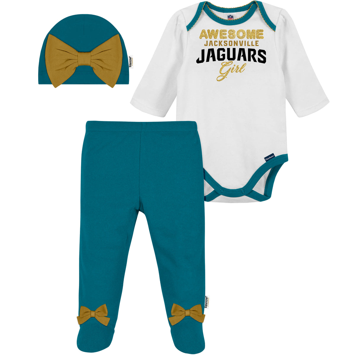 3-Piece Baby Girls Jaguars Bodysuit, Footed Pant, & Cap Set