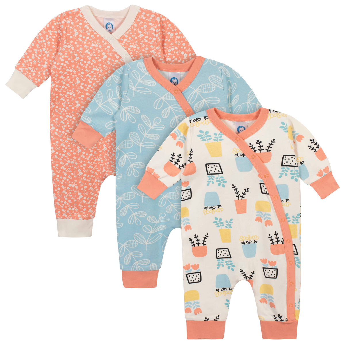 3-Piece Baby Girls Flower Pot Organic Coverall Set