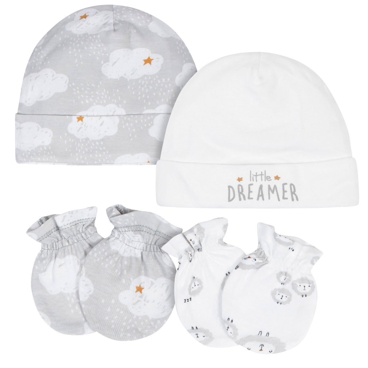 4-Pack Baby Neutral Lamb Caps and Mittens Set