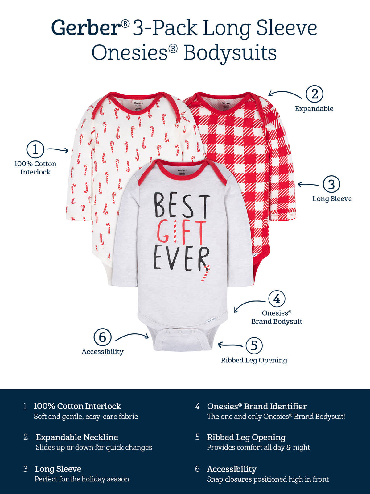 3-Pack Baby Neutral Best Gift Ever Long Sleeve Onesies Bodysuits, view 5