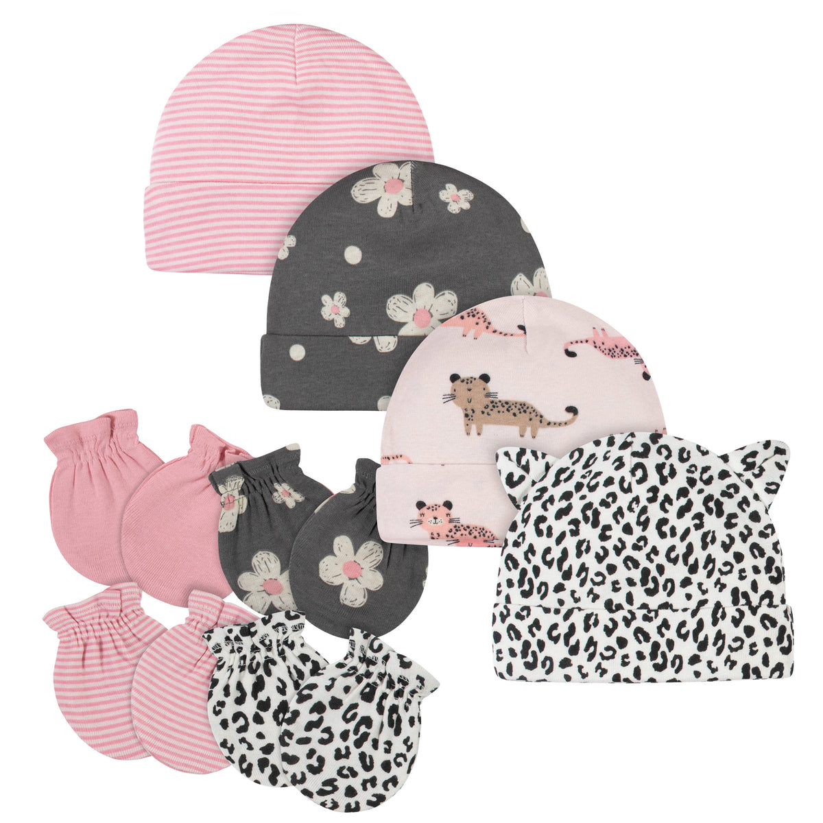 8-Piece Baby Neutral Leopard Caps & Mittens Set