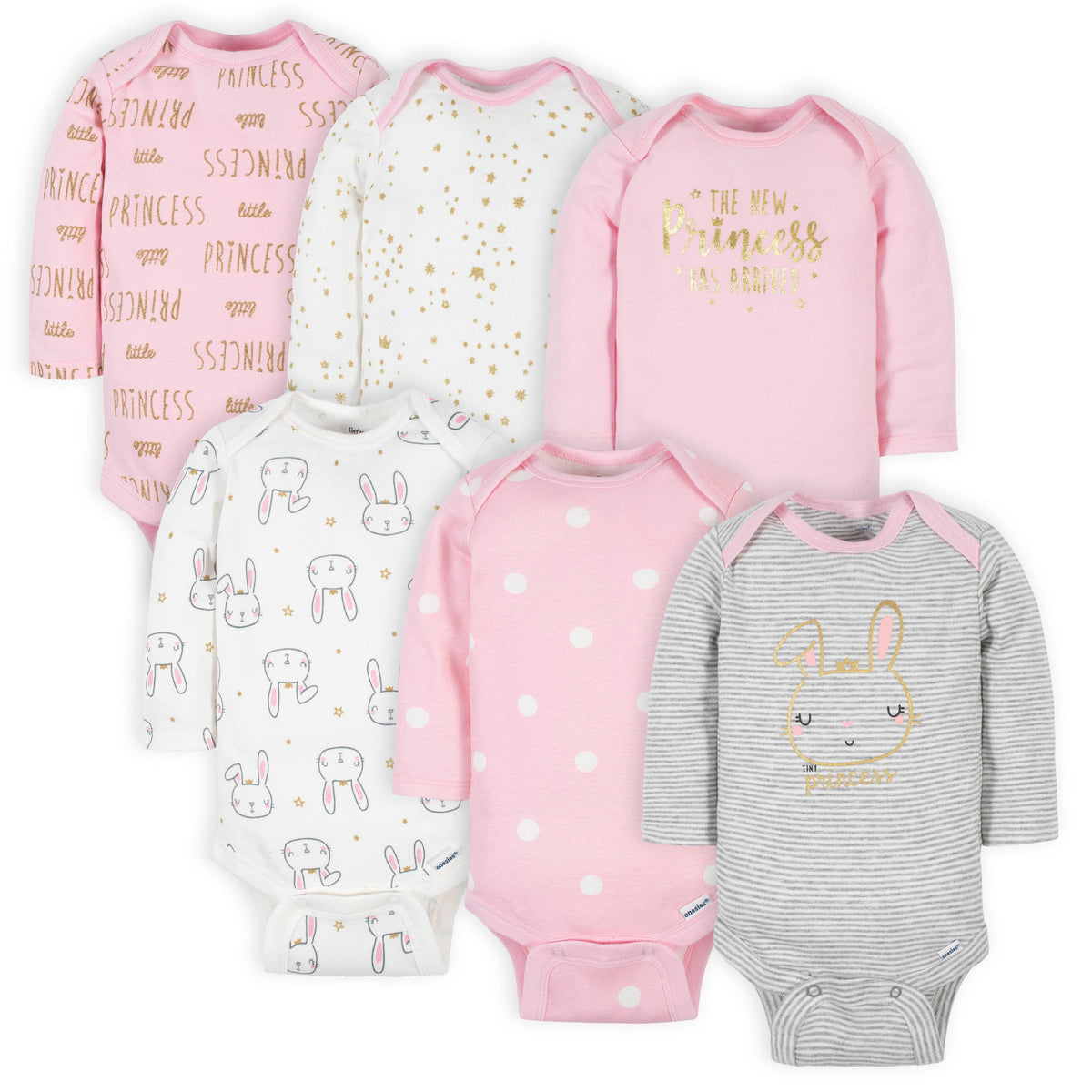 6-Pack Baby Girls Princess Long Sleeve Onesies Bodysuits