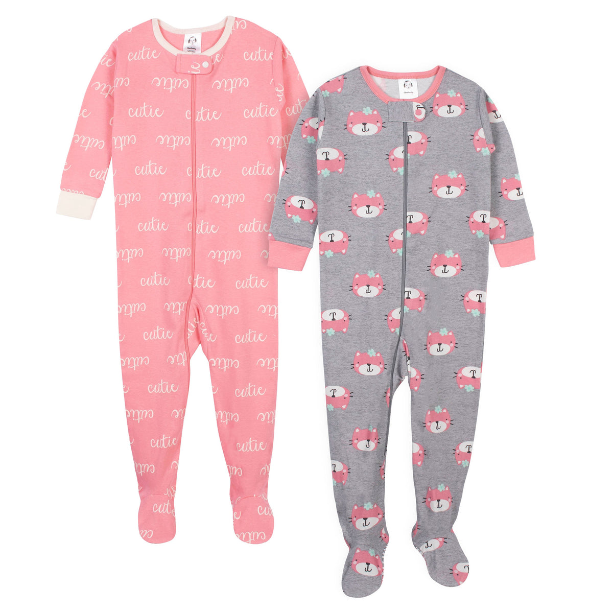 2-Pack Organic Baby Girls Cat Face Snug Fit Footed Pajamas