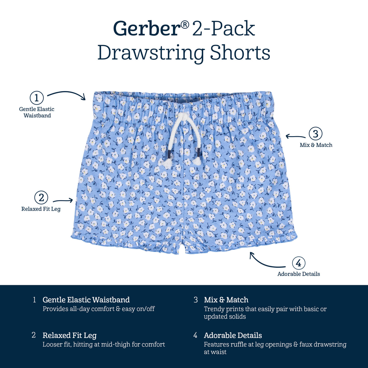 2-Pack Infant & Toddler Girls Blue Floral Pull-On Shorts, view 6