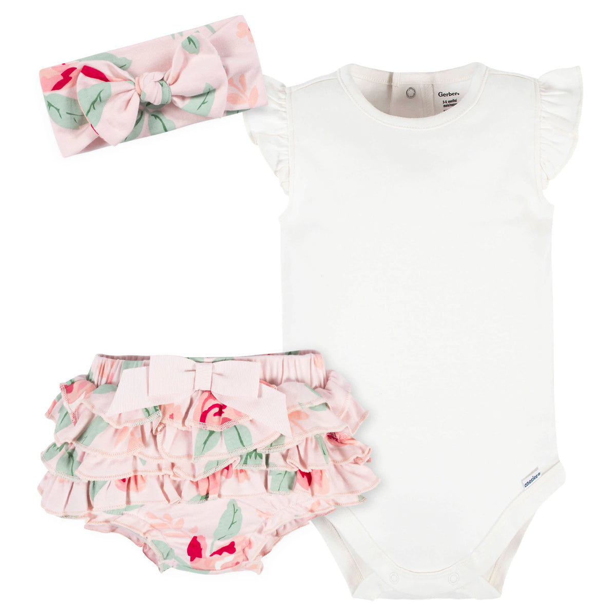3-Piece Baby Girls Pink Garden Onesies Bodysuit, Diaper Cover & Headband Set