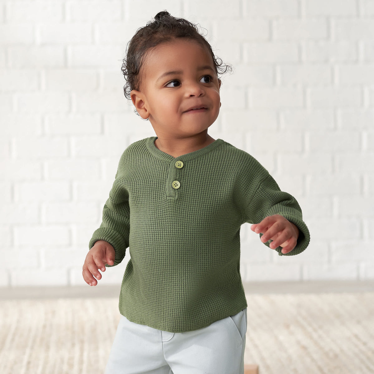 Infant & Toddler Boys Green Henley Sweater, view 3